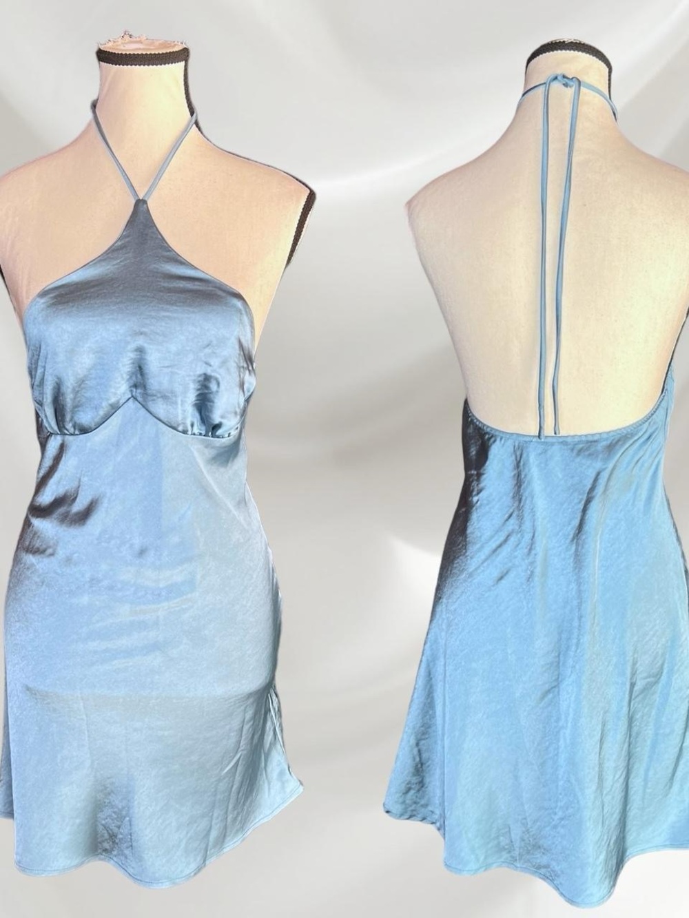 Silk-Effect Light Blue Halter Slip Dress